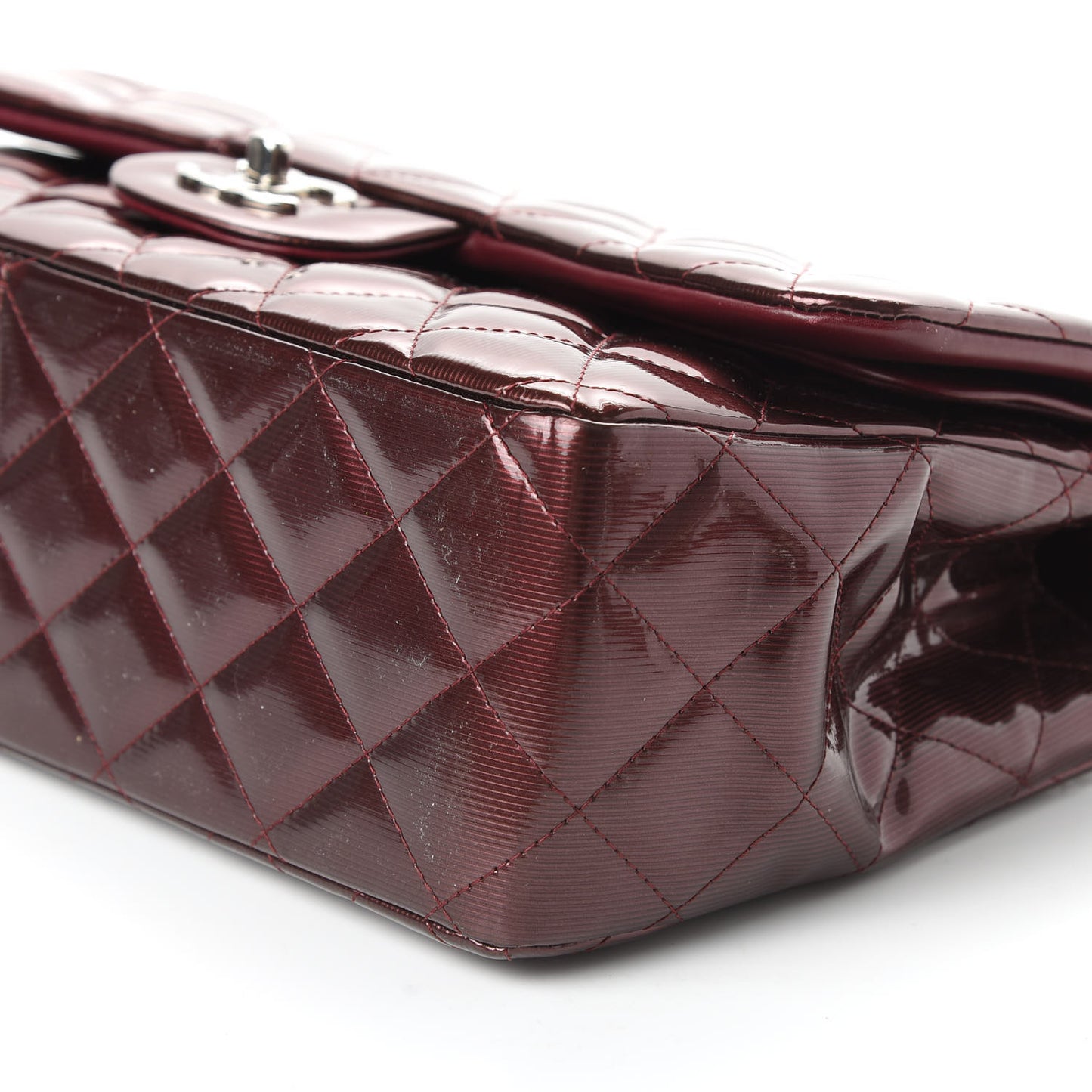 Striated Patent Quilted Jumbo Double Flap Burgundy