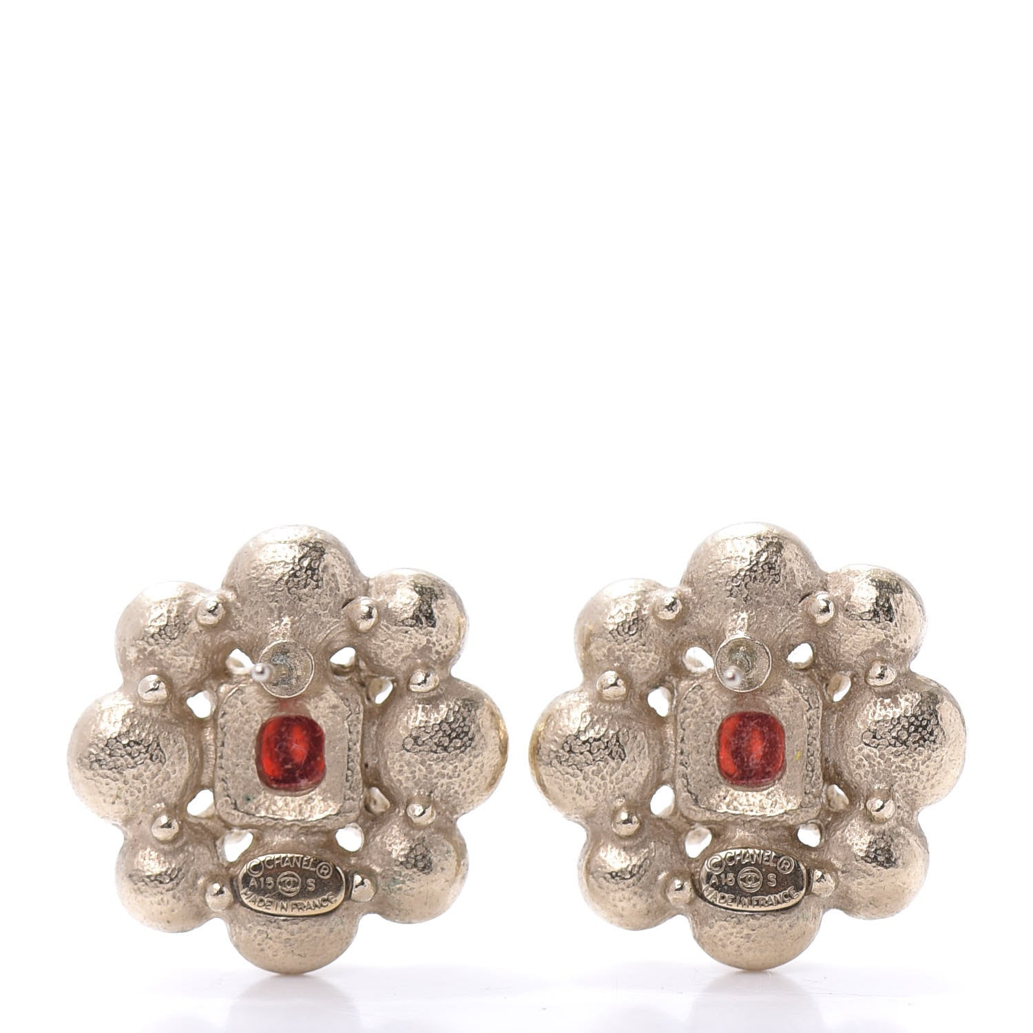 Chanel Crystal Pearl Earrings Gold Red 4 of 4