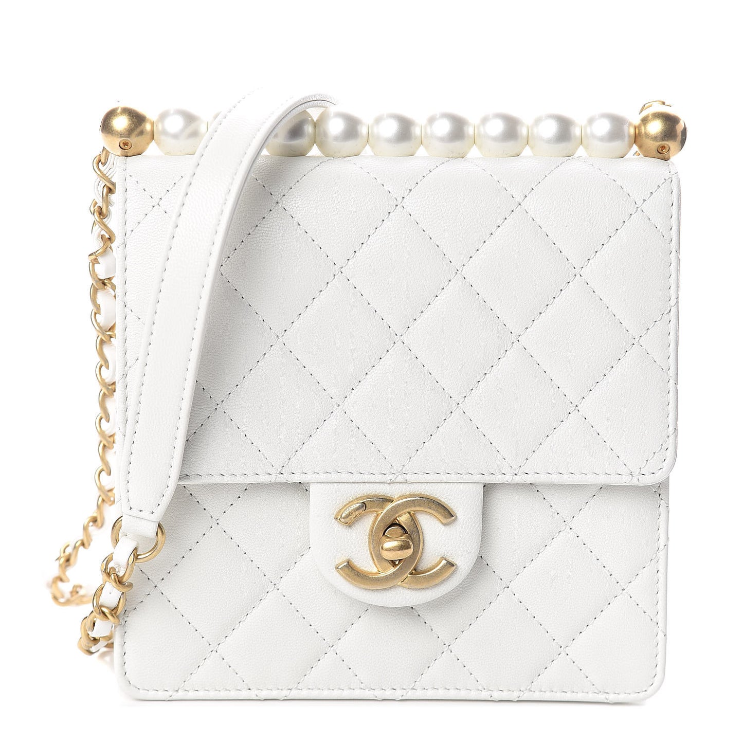 Lambskin Quilted Chic Pearls Flap White