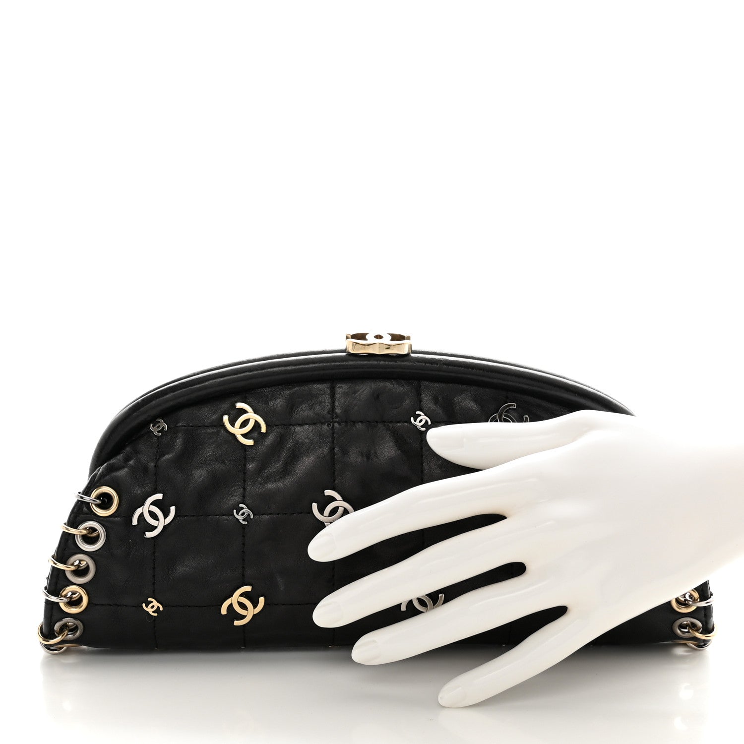 Chanel Calfskin Square Quilted Grommet Embellished Piercing Chic Clutch Black 2 of 15