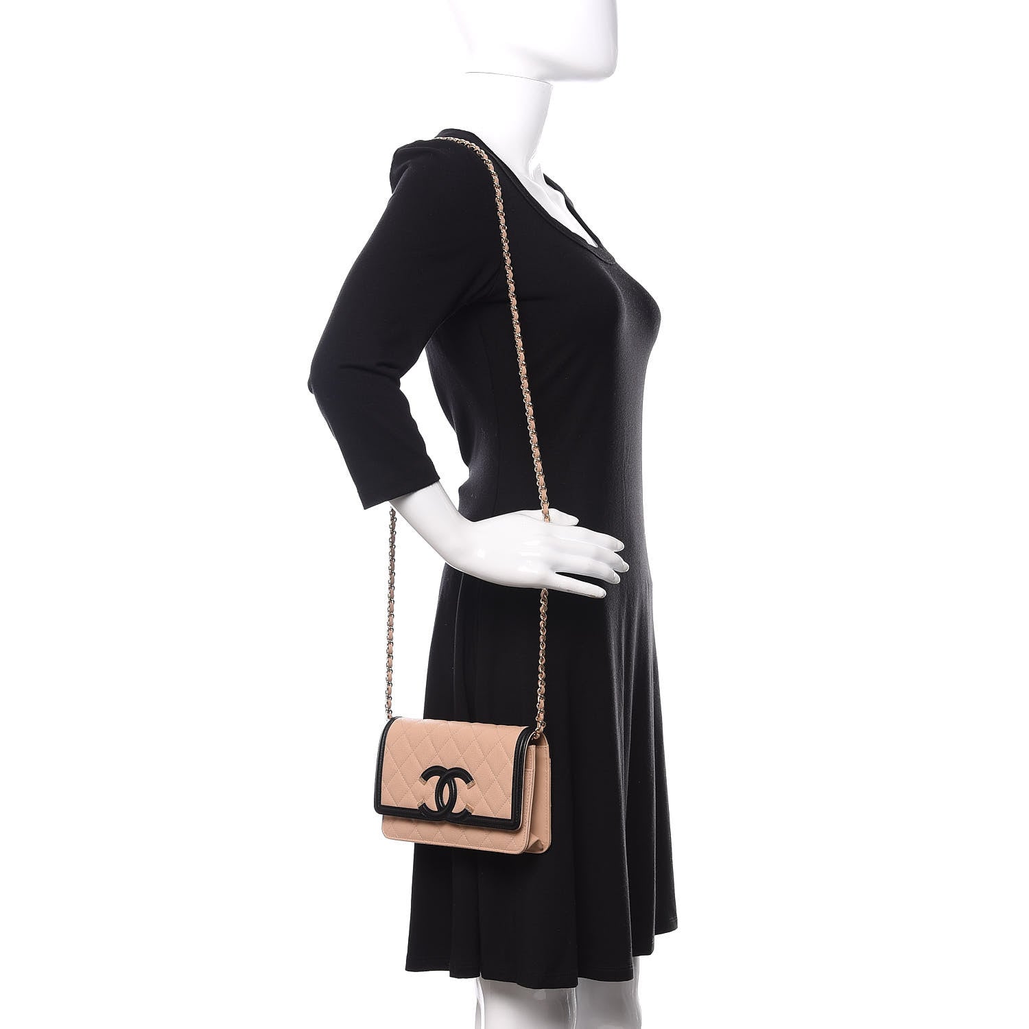 Chanel Caviar Quilted CC Filigree Wallet On Chain WOC Beige Black 2 of 12