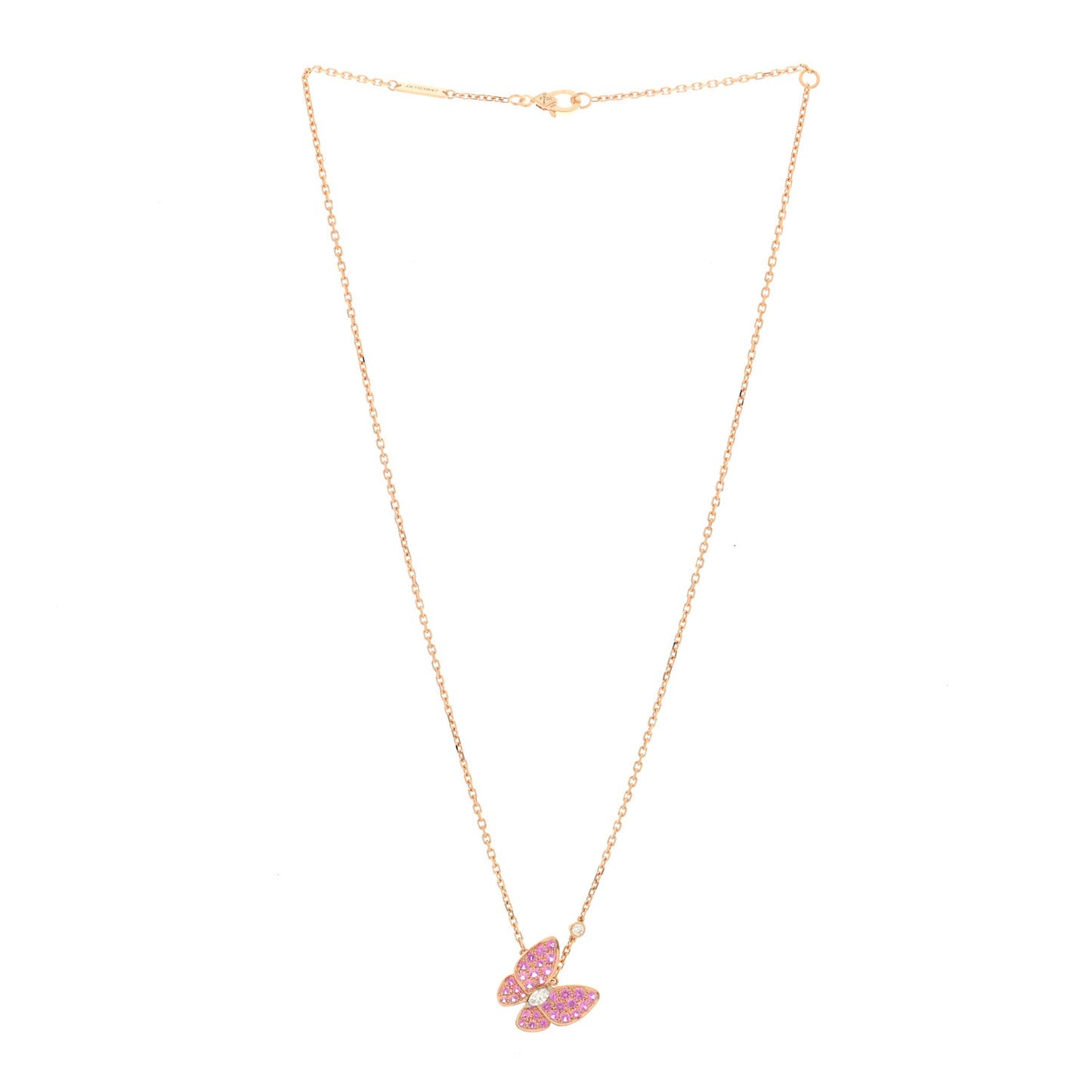 18K Rose Gold Diamond Pink Sapphire Two Butterfly Pendant Necklace