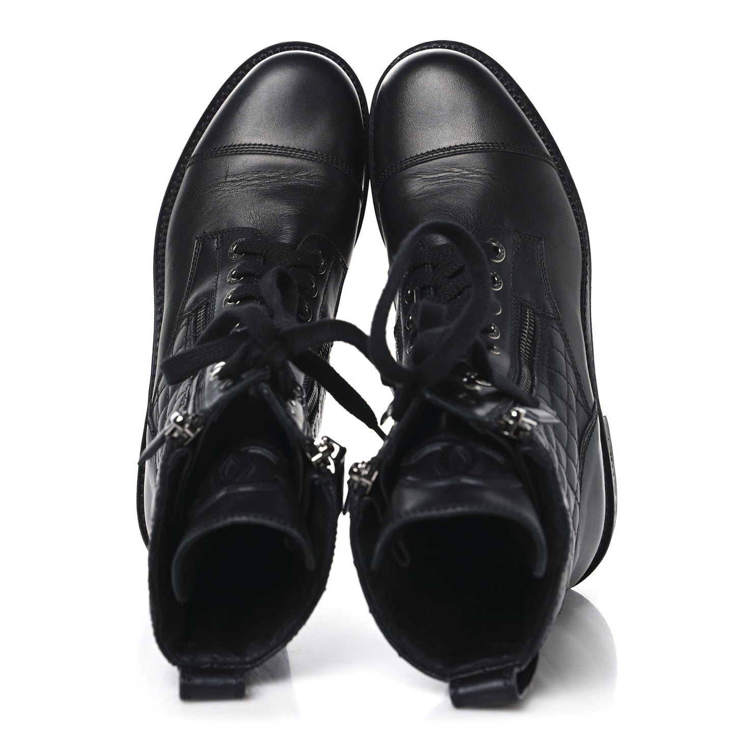 Calfskin Quilted Lace Up Combat Boots 40 Black