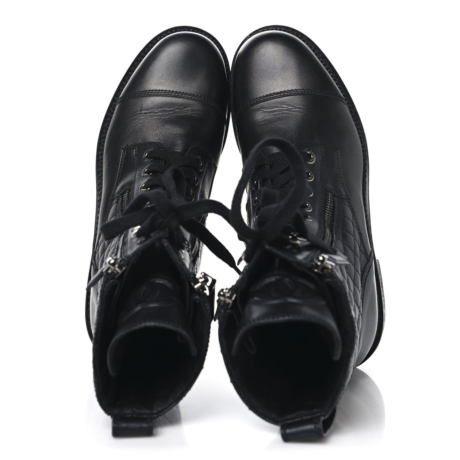 Chanel Calfskin Quilted Lace Up Combat Boots 40 Black 2 of 12