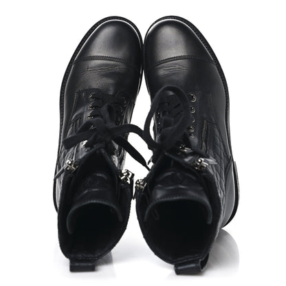 Chanel Calfskin Quilted Lace Up Combat Boots 40 Black 2 of 12