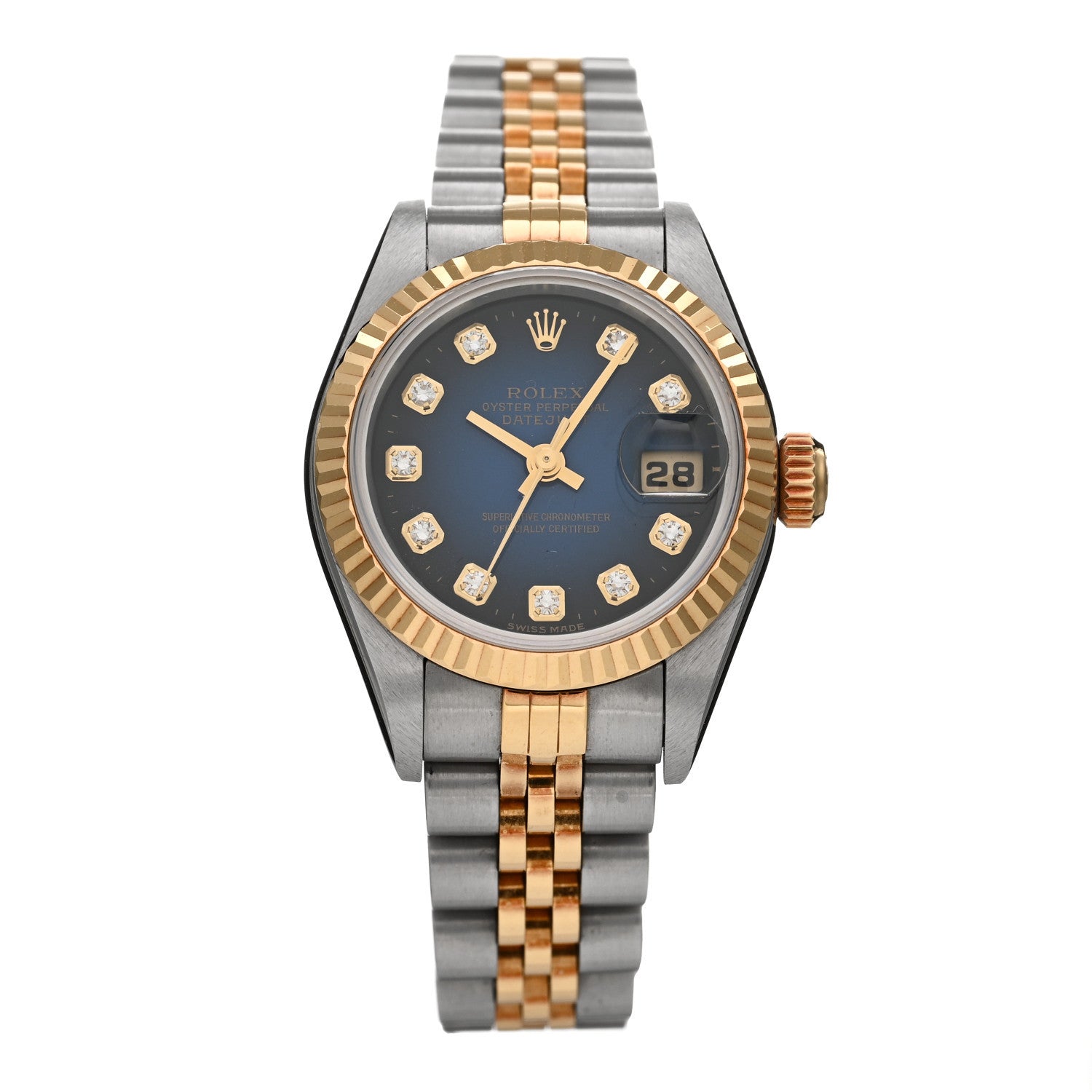 Rolex Stainless Steel 18K Yellow Gold Diamond 26mm Oyster Perpetual Datejust Watch Blue Gradient 69173 1 of 4