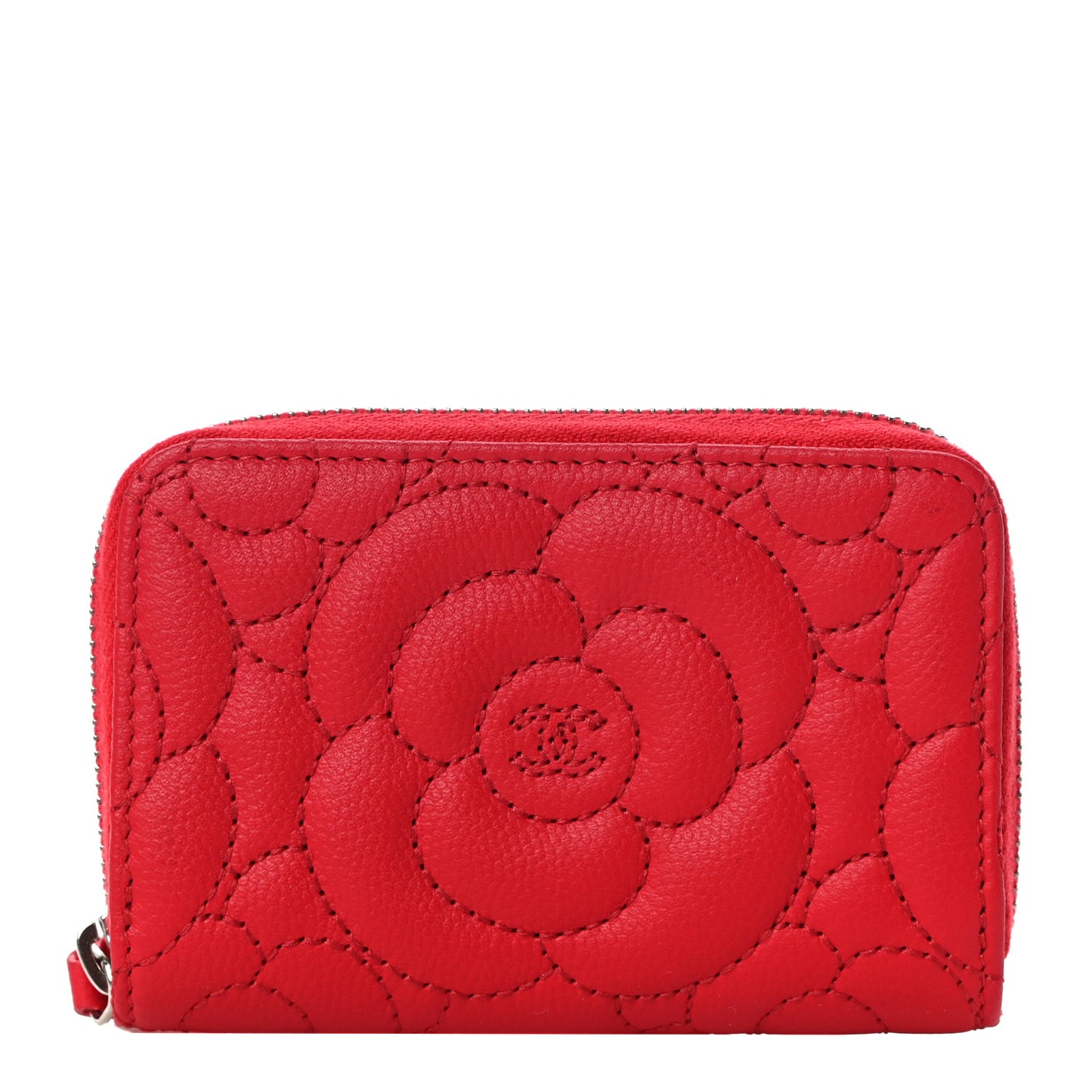 Caviar Camellia Embossed Zip Coin Purse Red