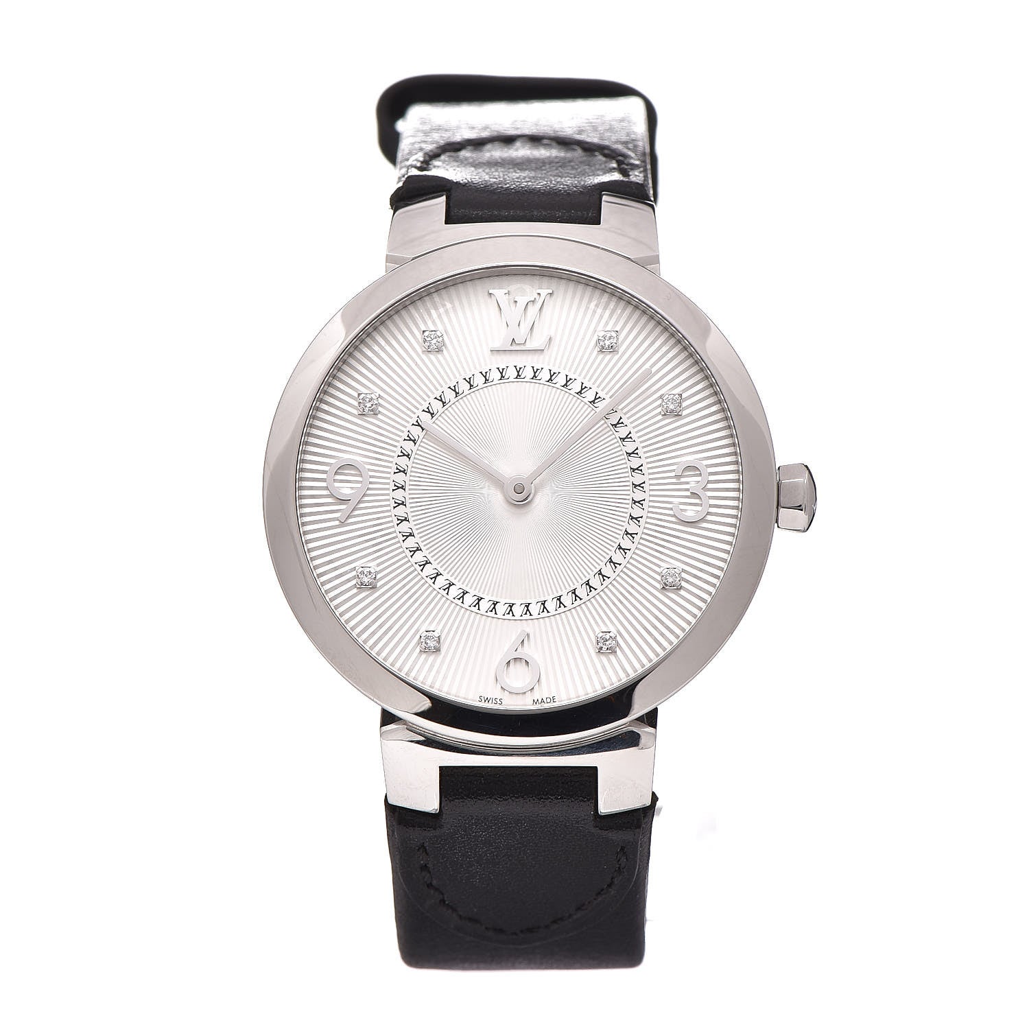 Louis Vuitton Stainless Steel Calfskin Diamond 33mm Tambour Slim Quartz Watch 1 of 5