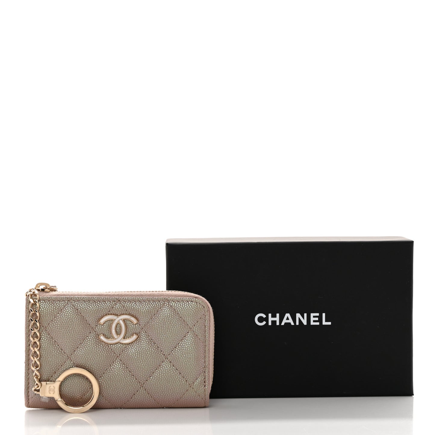 Iridescent Caviar Quilted Zipped Key Holder Case Beige