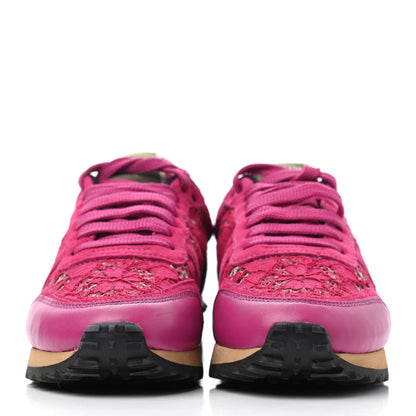 Valentino Garavani Macrame Lace Suede Womens Rockrunner Sneakers 35.5 Fuxia Multicolor 2 of 4