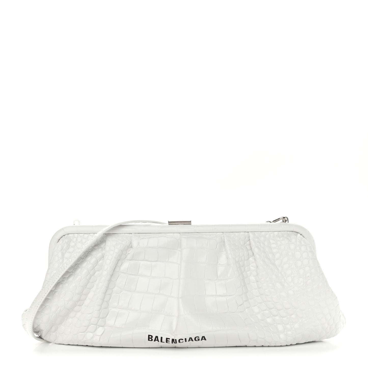 Shiny Supple Calfskin Logo Crocodile Embossed XL Cloud Clutch White