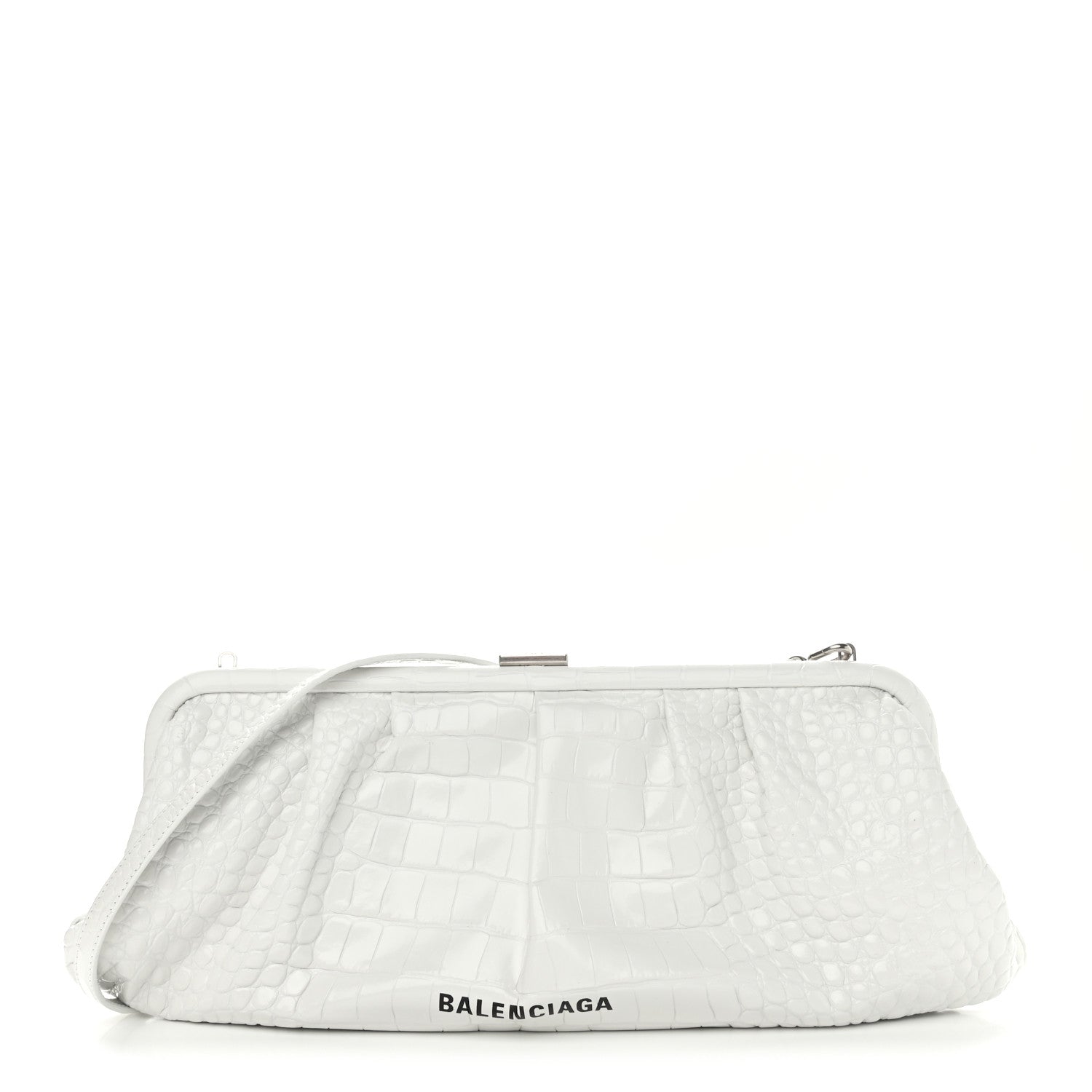 Balenciaga Shiny Supple Calfskin Logo Crocodile Embossed XL Cloud Clutch White 1 of 12