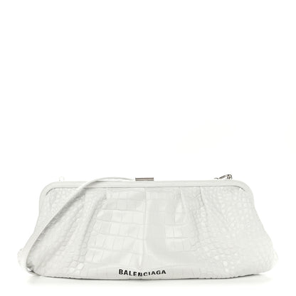 Balenciaga Shiny Supple Calfskin Logo Crocodile Embossed XL Cloud Clutch White 1 of 12