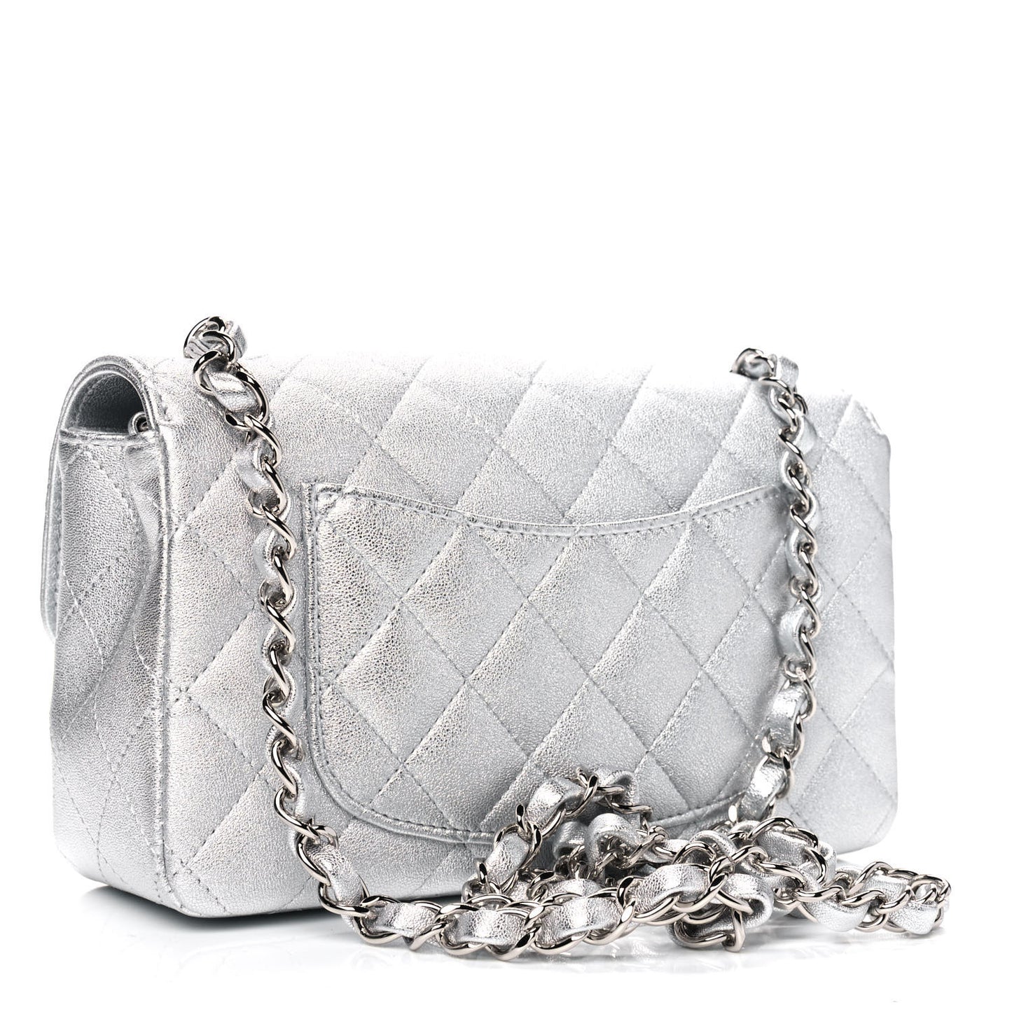 Metallic Lambskin Quilted Mini Rectangular Flap Silver