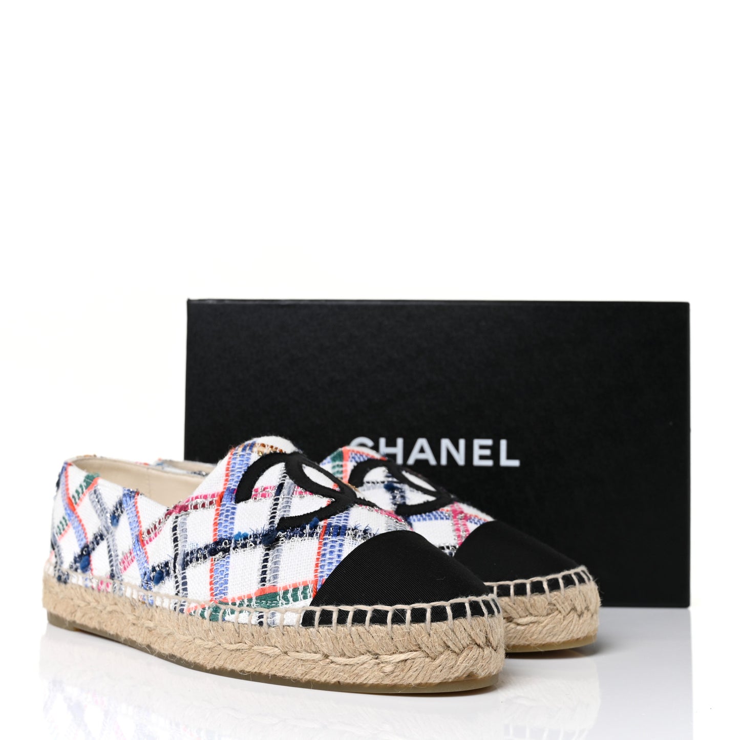 Tweed Grosgrain CC Espadrilles 40 White Blue Pink Green Black