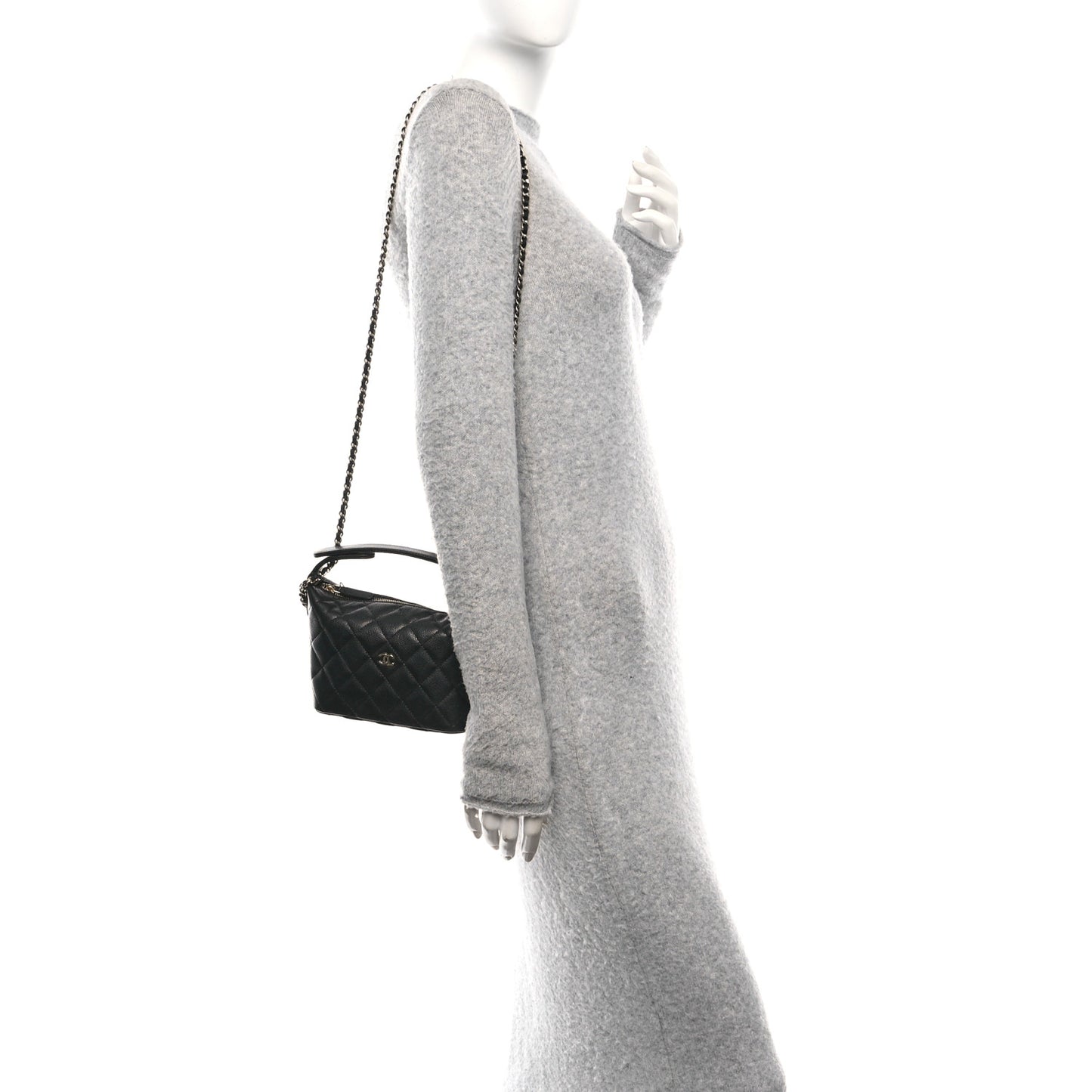 Caviar Quilted Hobo Clutch With Chain Black