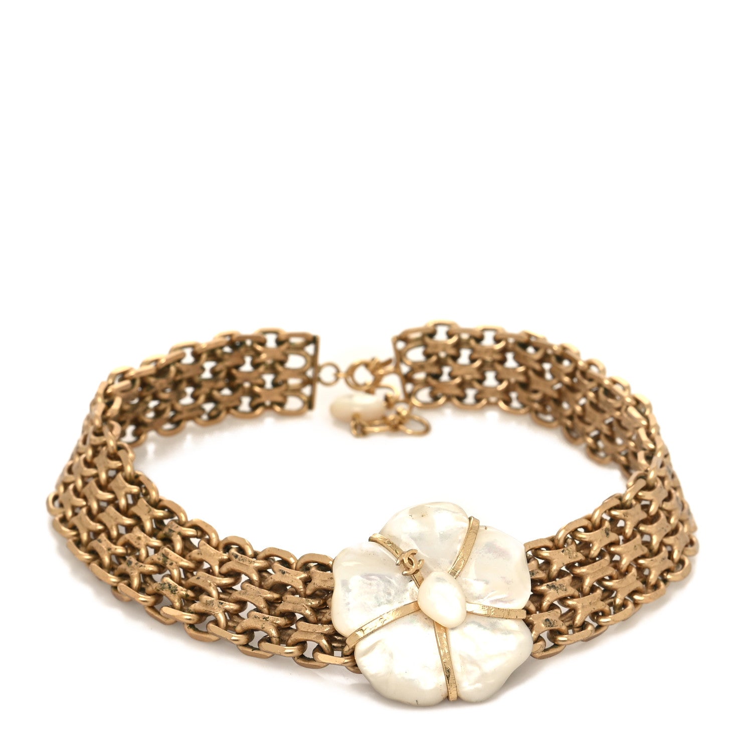 Chanel Metal Chain Mother of Pearl CC Camellia Choker Necklace Gold 1 of 5