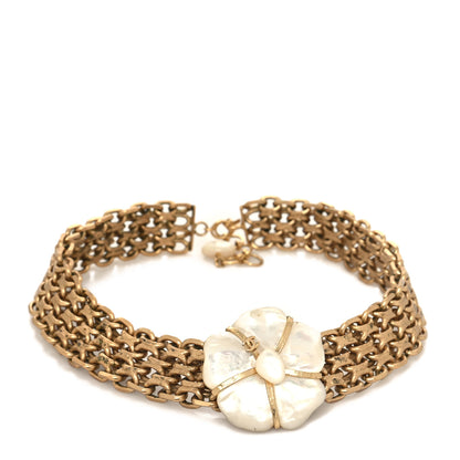 Chanel Metal Chain Mother of Pearl CC Camellia Choker Necklace Gold 1 of 5