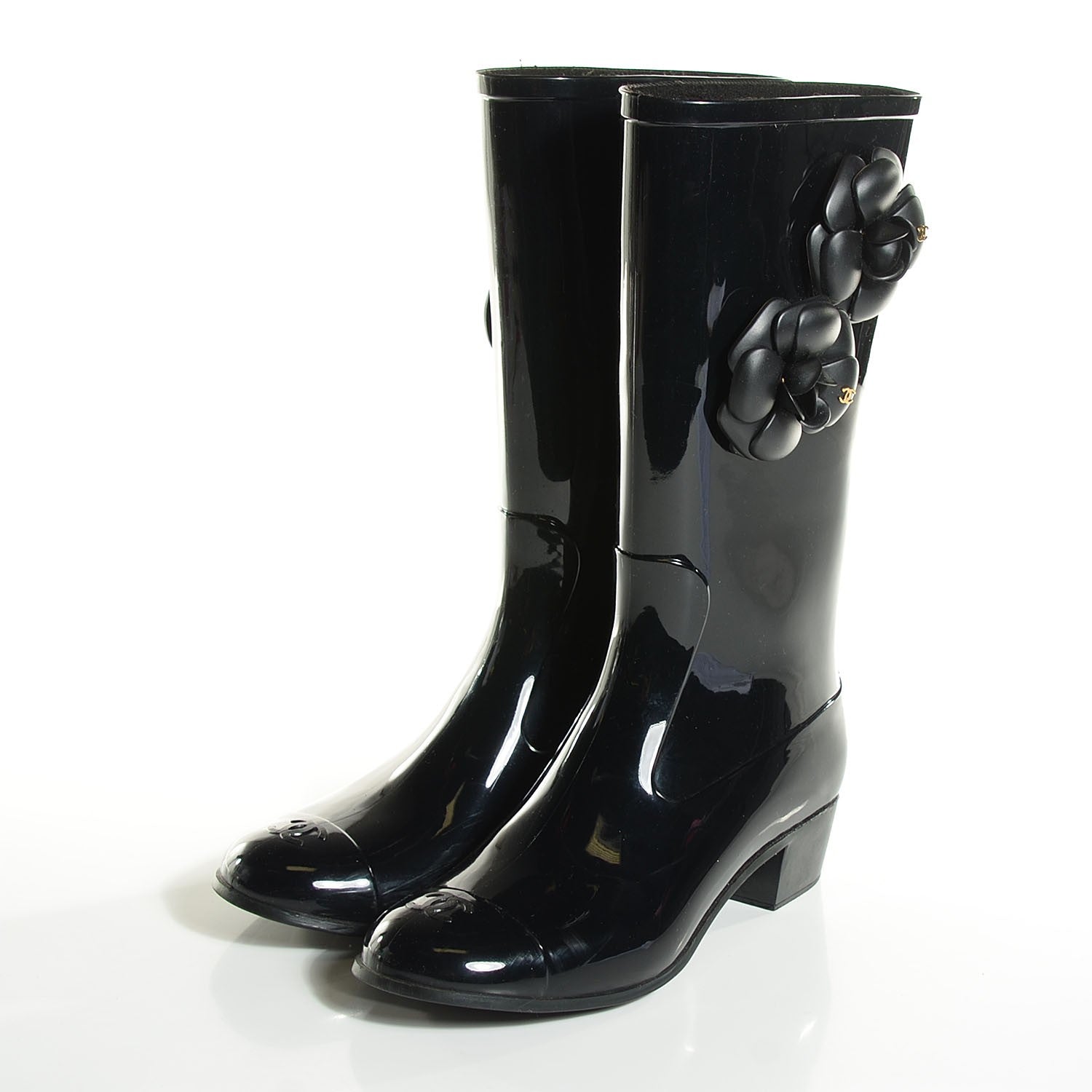 Chanel Rubber Glitter Camellia Rain Boots 38 Black 3 of 6