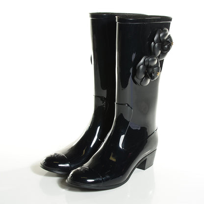 Chanel Rubber Glitter Camellia Rain Boots 38 Black 3 of 6