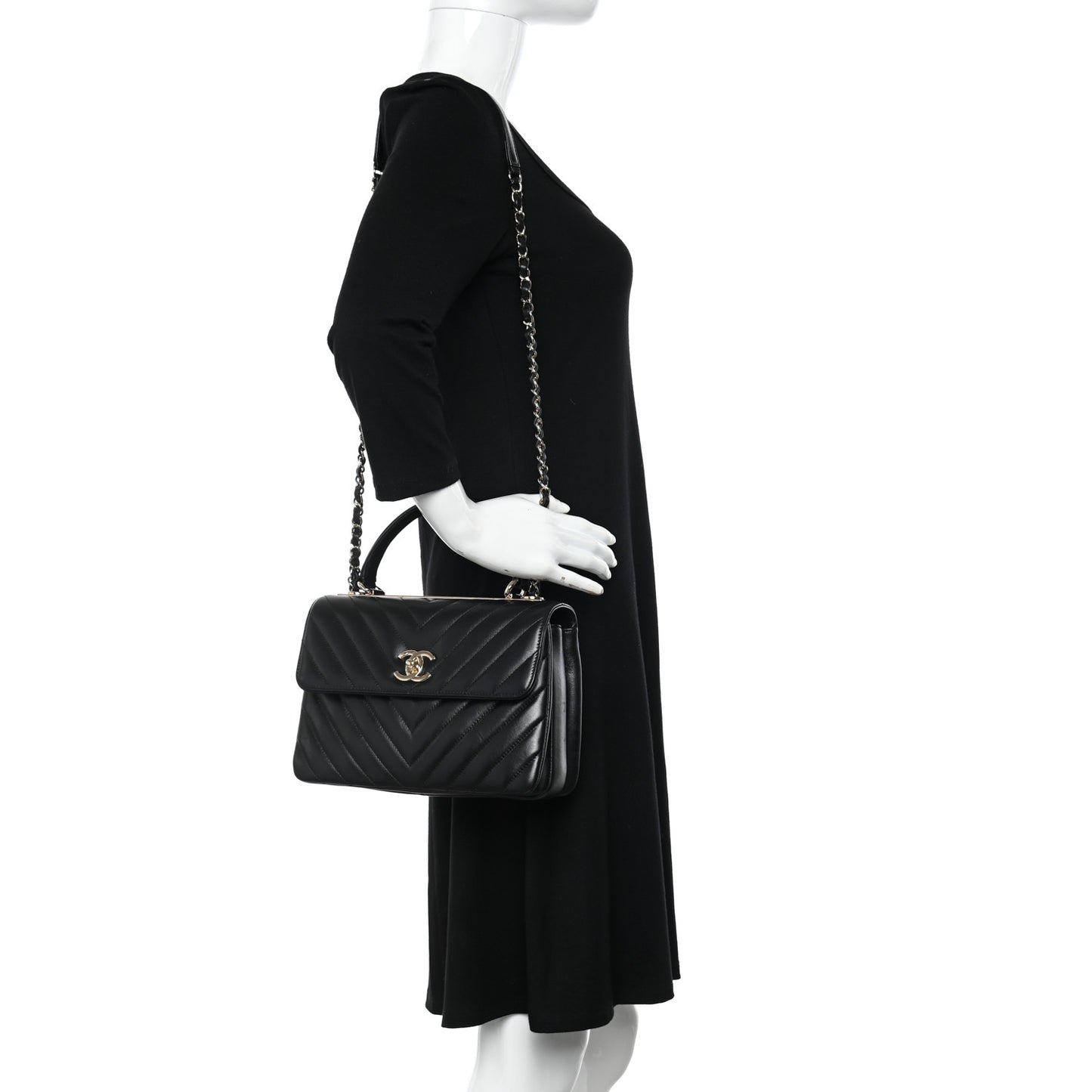 Lambskin Chevron Quilted Small Trendy CC Dual Handle Flap Bag Black
