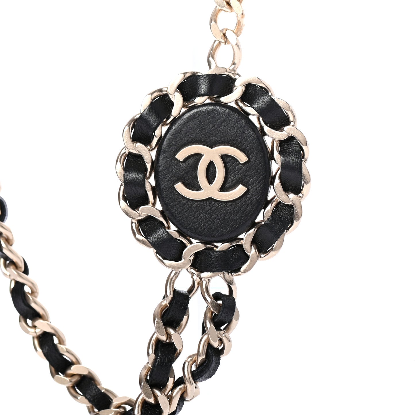 Lambskin CC Long Chain Necklace Black Gold