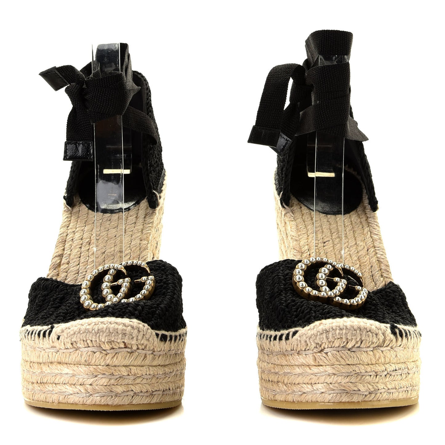 Cotton Crochet Pearly GG Ankle Wrap Platform Espadrille Wedges 39 Black