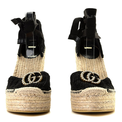 Gucci Cotton Crochet Pearly GG Ankle Wrap Platform Espadrille Wedges 39 Black 4 of 6