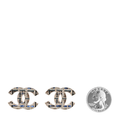 Chanel Resin Crystal Pearl Tweed Effect CC Earrings Silver Blue Pearly White 2 of 5