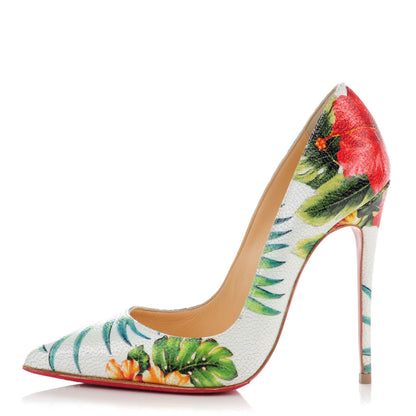 Christian Louboutin Crackled Calfskin Hawaii Print So Kate 120 Pumps 34 White Multi 1 of 7
