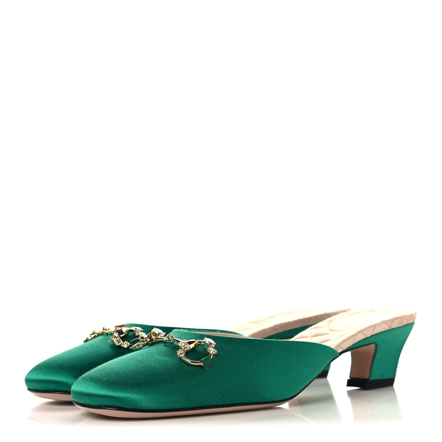 Silk Satin Crystal Embellished Horsebit Mules 38.5 Shamarock Emerald