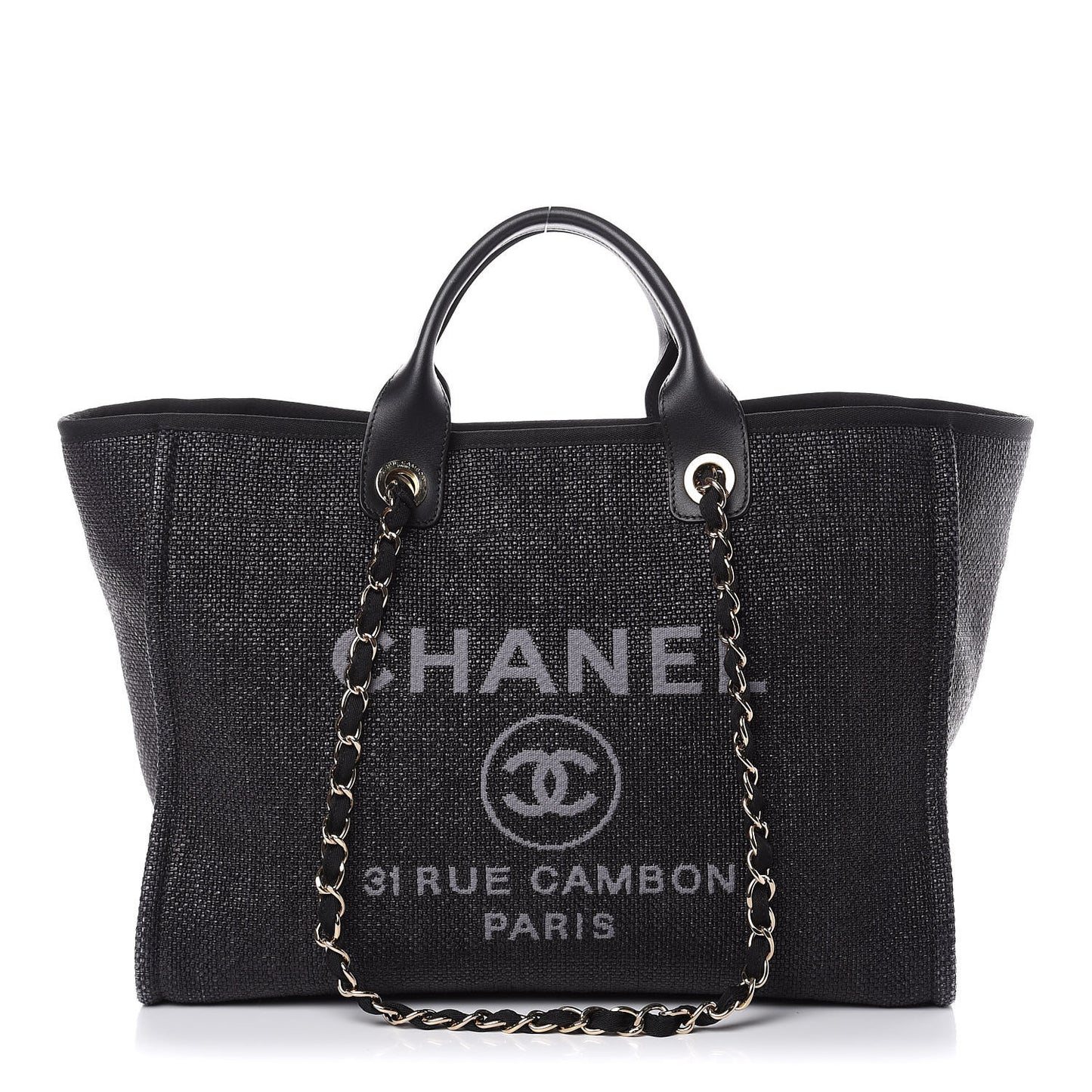 Woven Straw Raffia Large Deauville Tote Black