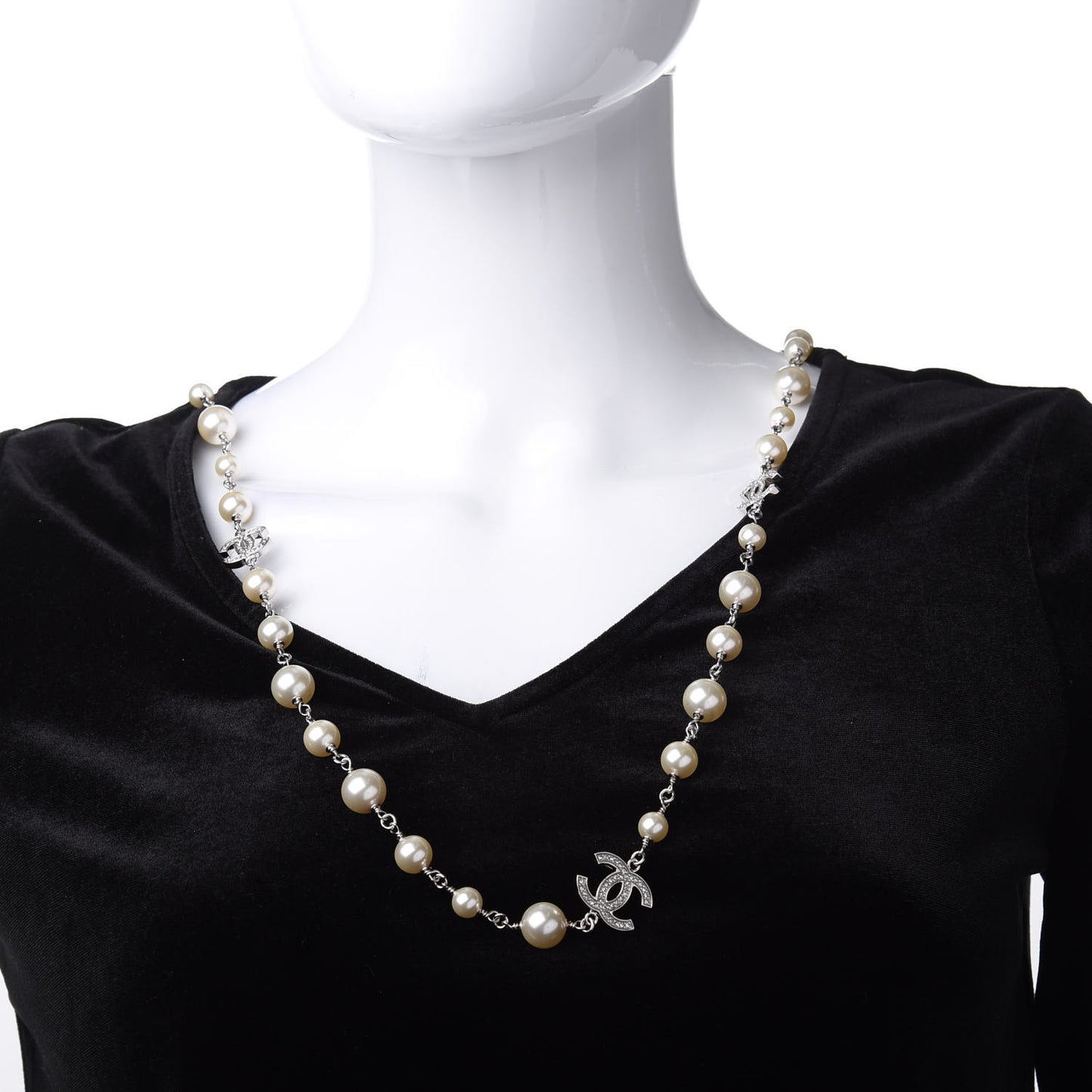 Crystal Pearl CC Long Necklace Silver