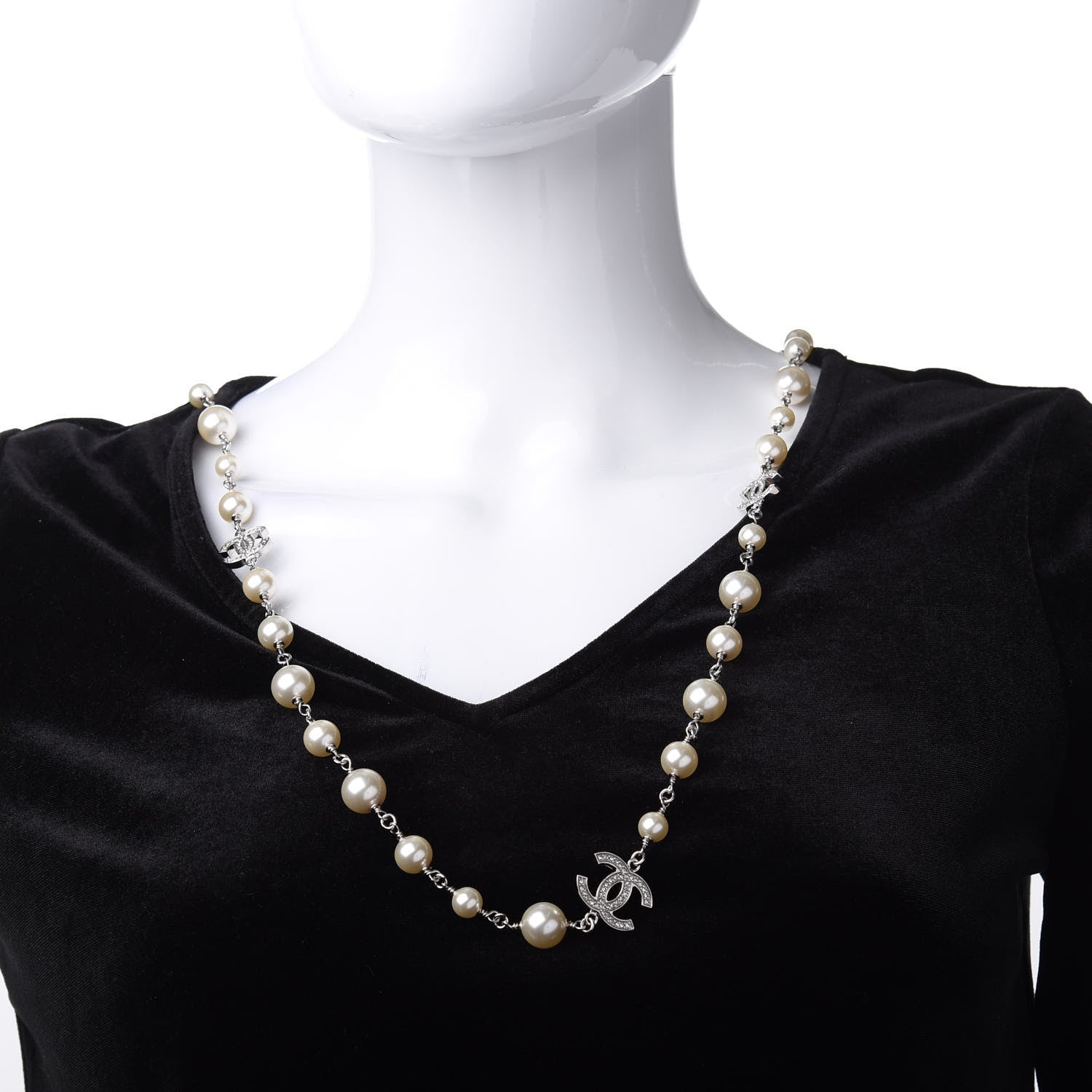 Chanel Crystal Pearl CC Long Necklace Silver 2 of 5