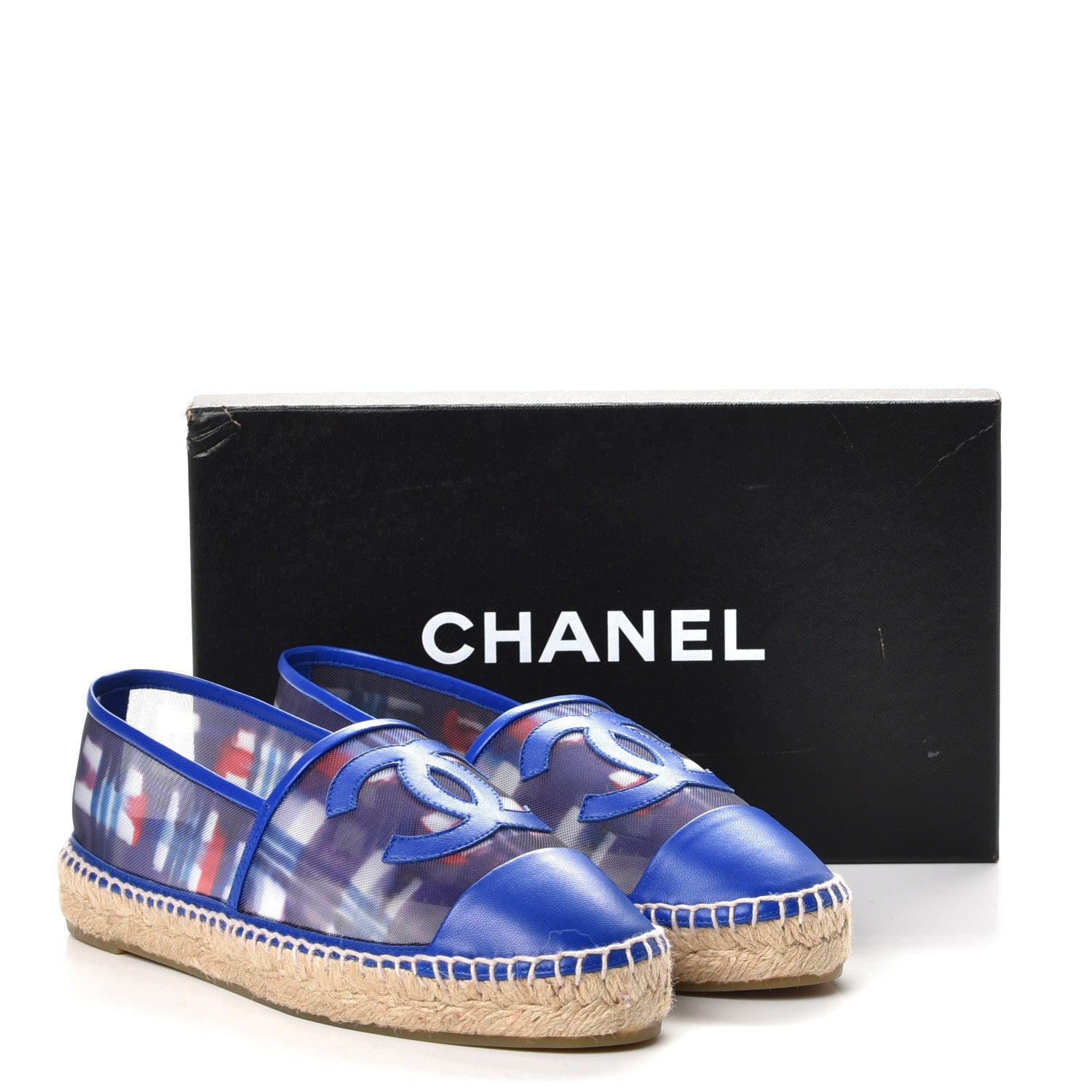 Chanel Mesh Lambskin Plaid Print CC Espadrilles 38 Blue White Red 9 of 9