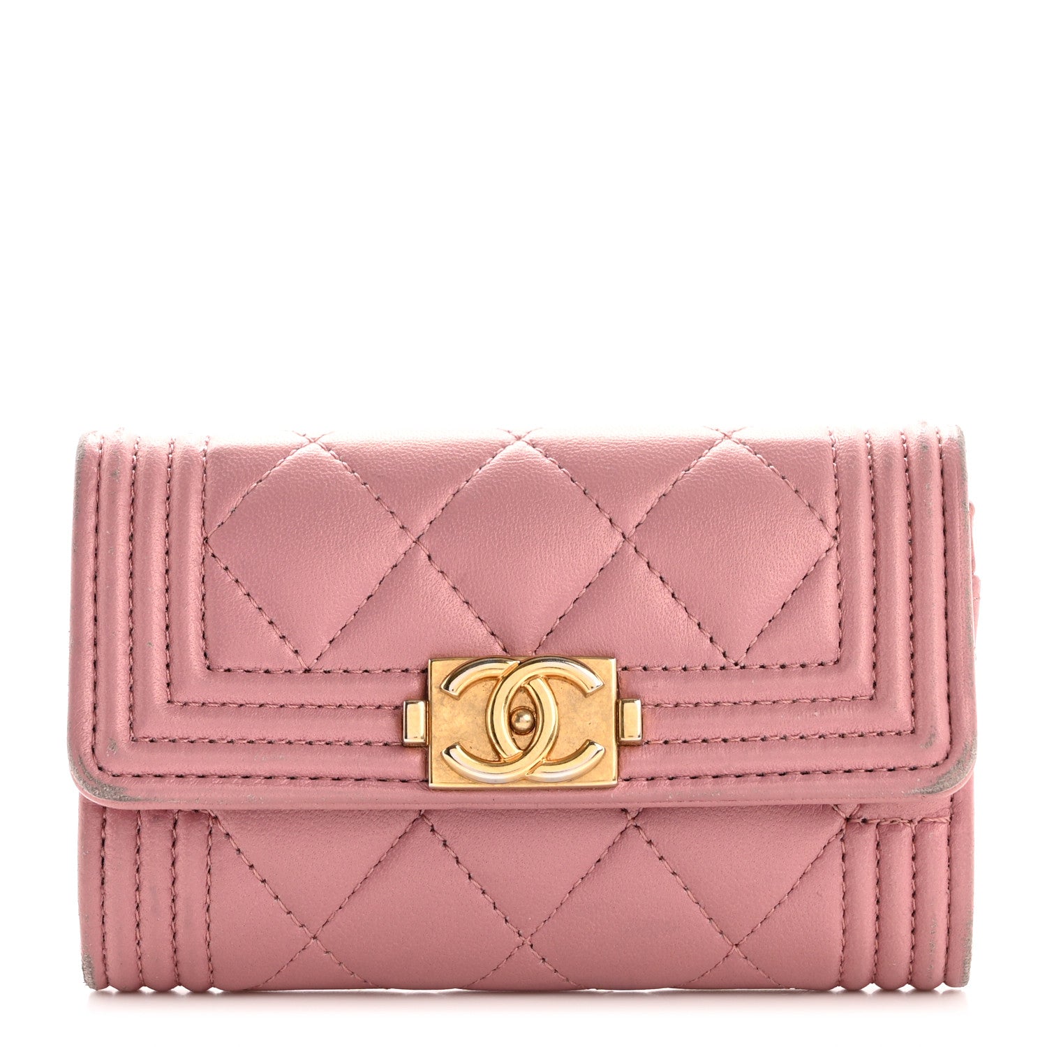 Chanel Metallic Lambskin Quilted Boy Flap Card Holder Pink 1 of 12