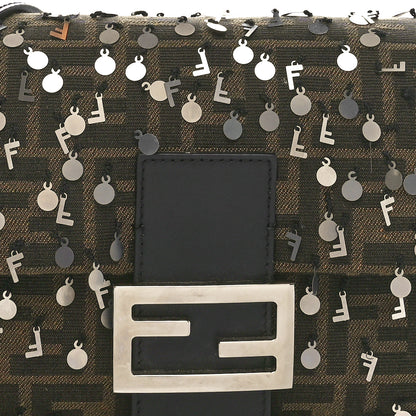 Fendi Fabric Jacquard F Paillettes Vitello Cover FF 1974 Embroidered Baguette Tobacco Moro Argento 8 of 11