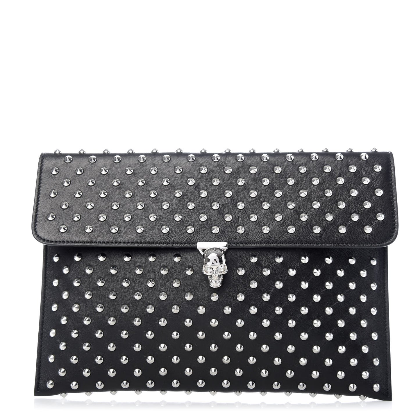 Grained Calfskin Studded Skull Envelope Clutch Black