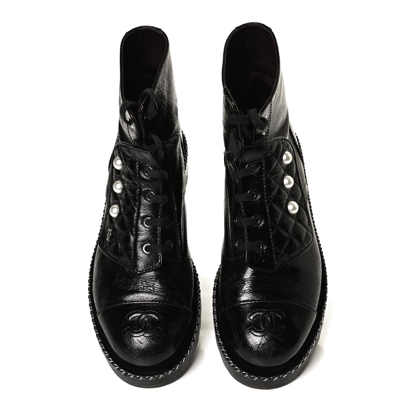 Crackled Calfskin Velvet Pearl Combat Short Boots 38.5 Black