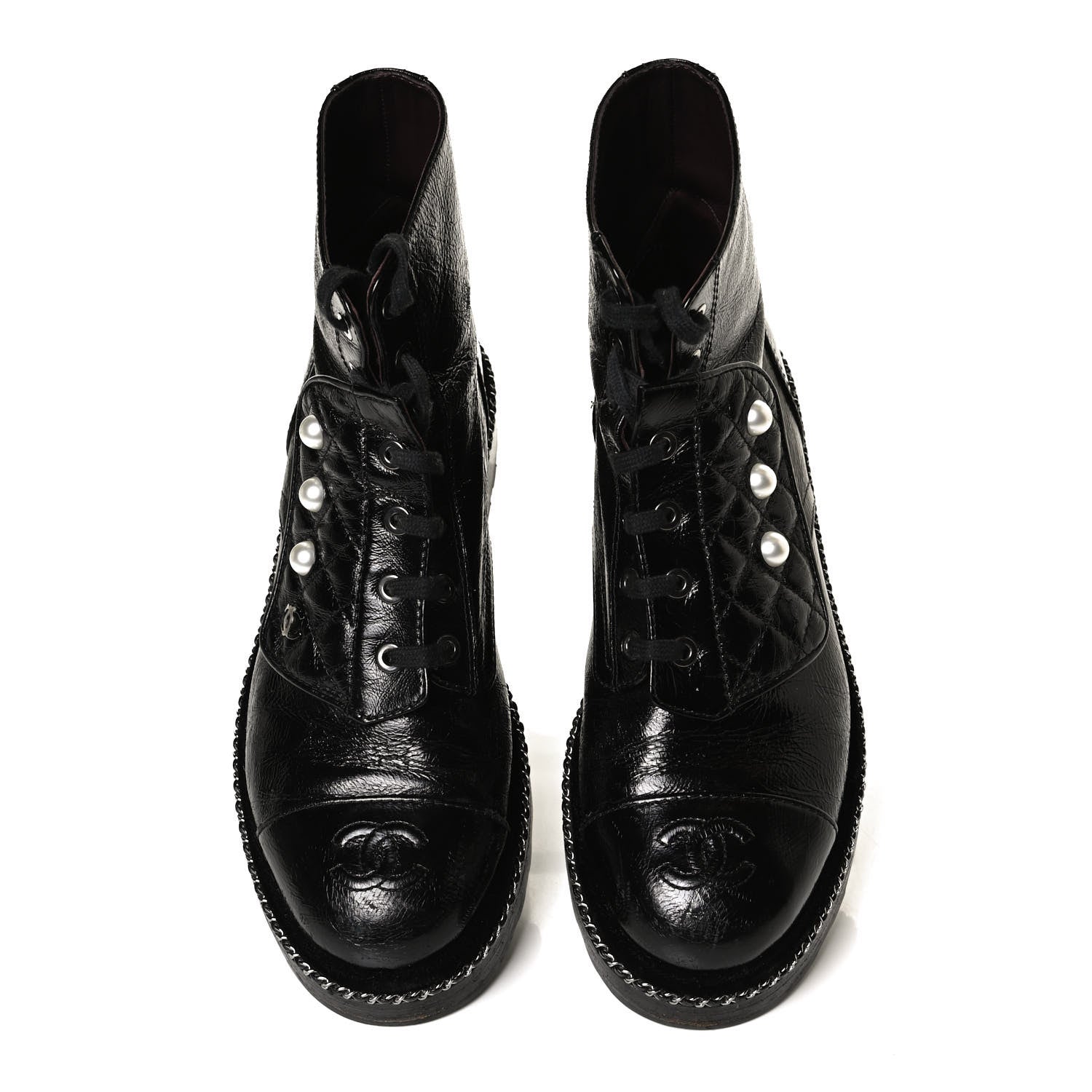 Chanel Crackled Calfskin Velvet Pearl Combat Short Boots 38.5 Black 5 of 8