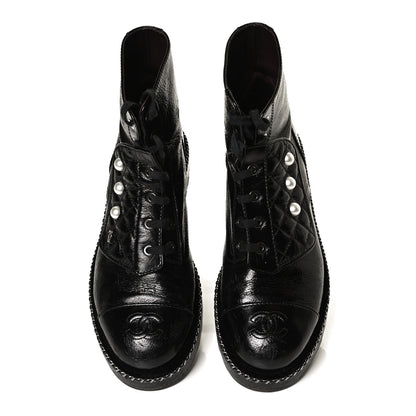Chanel Crackled Calfskin Velvet Pearl Combat Short Boots 38.5 Black 5 of 8