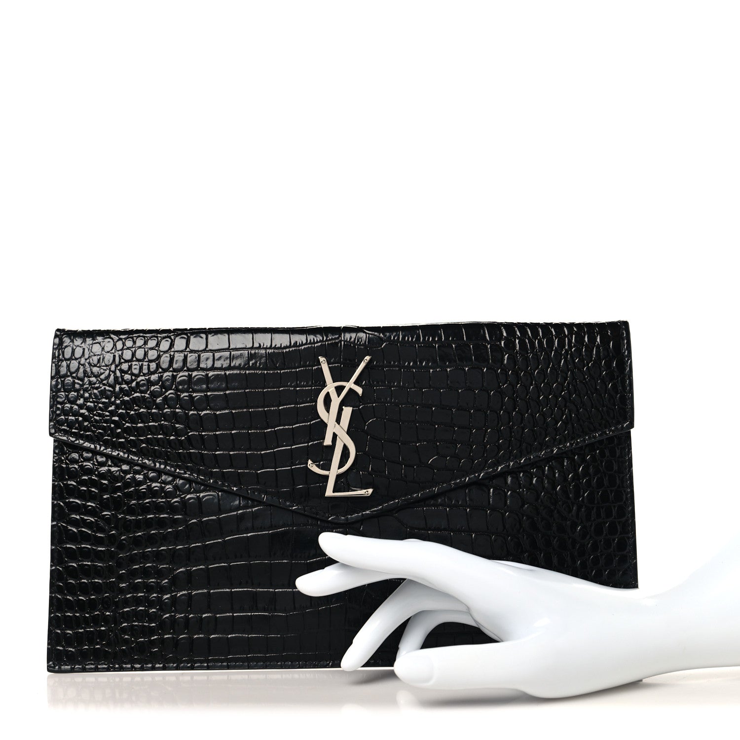 Saint Laurent Calfskin Crocodile Embossed Uptown Monogram Pouch Black 2 of 7