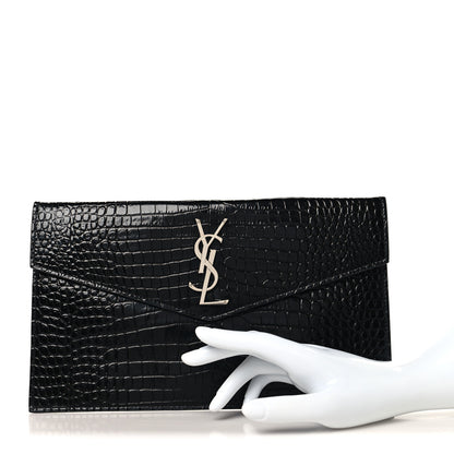 Saint Laurent Calfskin Crocodile Embossed Uptown Monogram Pouch Black 2 of 7