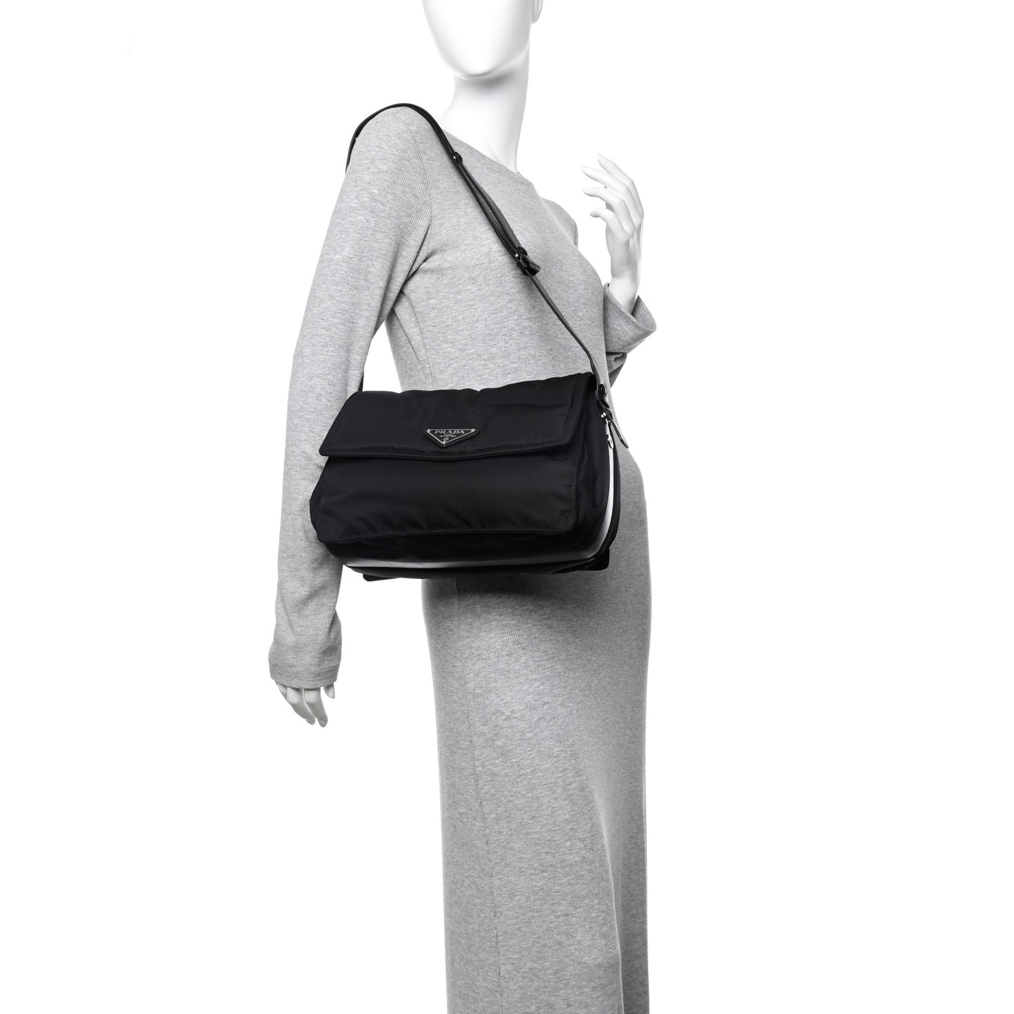 Re-Nylon Vitello Padded Large Flap Shoulder Bag Black