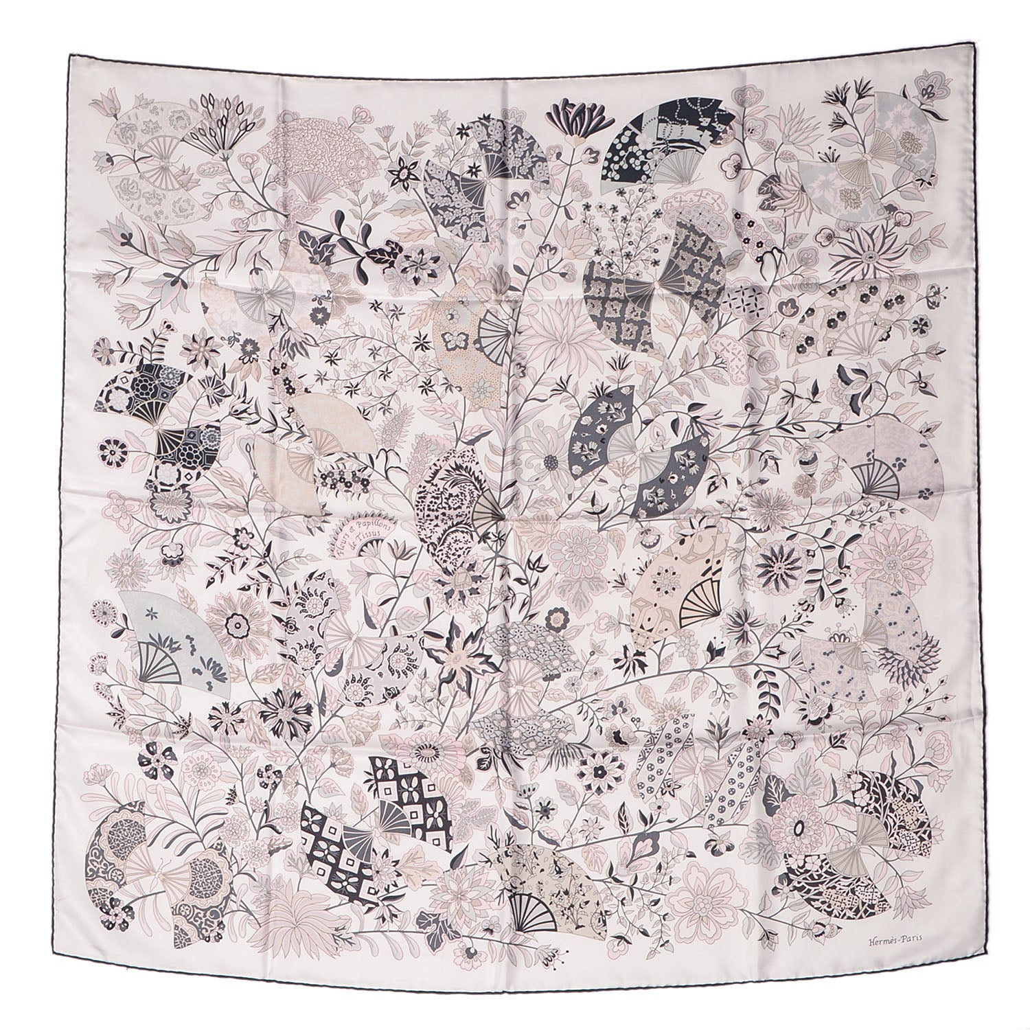 Hermes Silk Fleurs et Papillons de Tissus Scarf 90 Blanc Gris Rose Pale 2 of 5