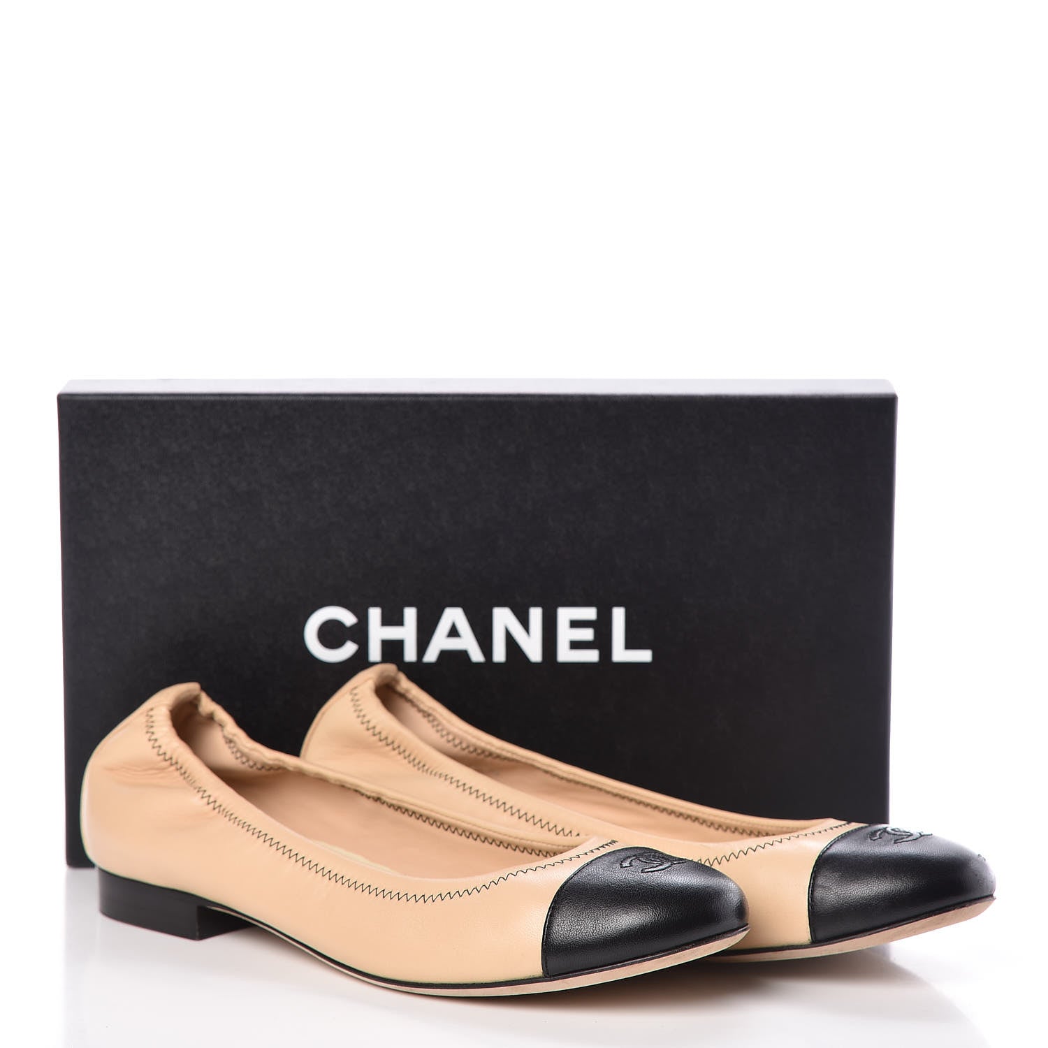 Chanel Lambskin CC Elastic Cap Toe Ballerina Flats 39 Beige Black 11 of 11