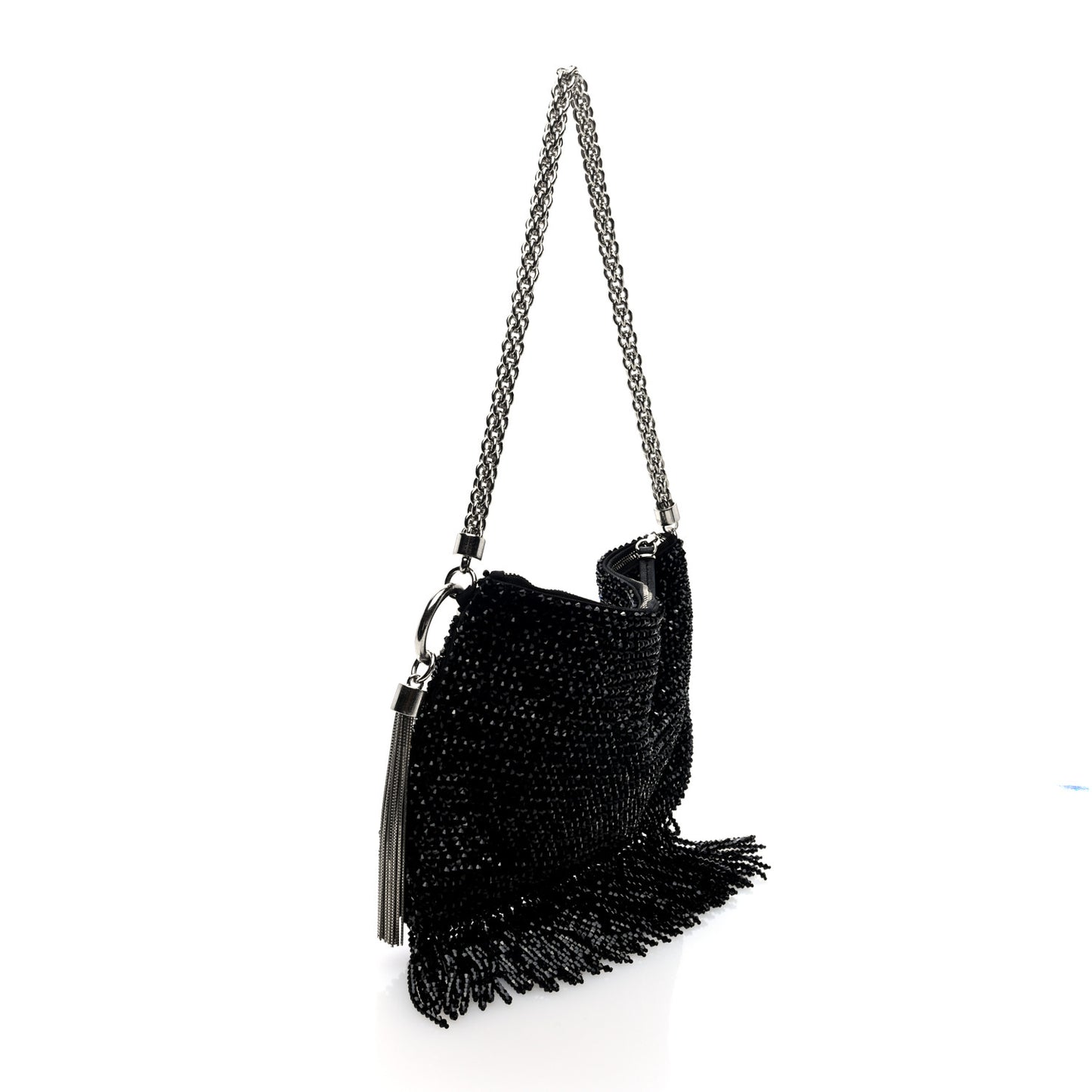 Satin Bead Embellished Callie Fringe Tassel Chain Evening Bag Black