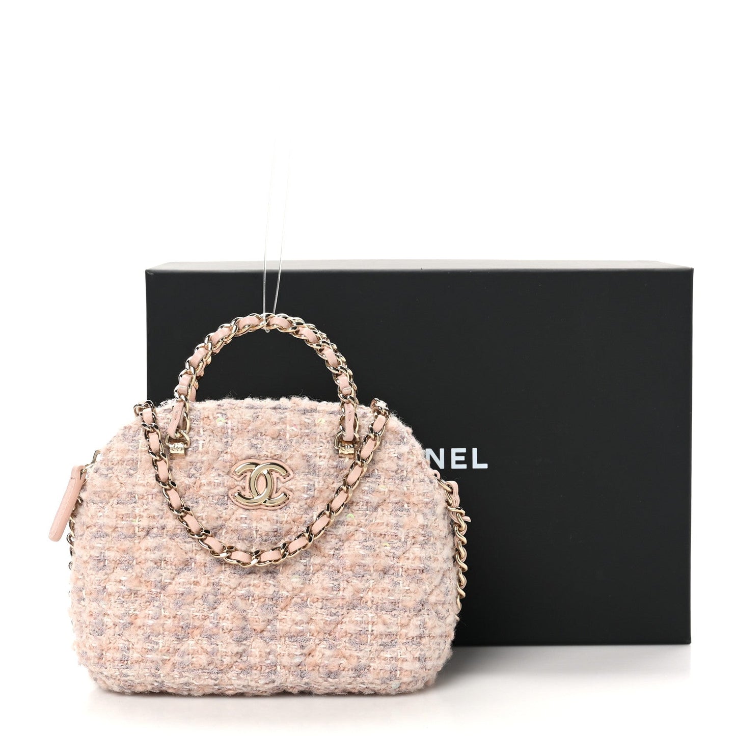 Cotton Wool Tweed Sequin Quilted Shiny Coco Clutch With Chain Light Pink Beige Ecru