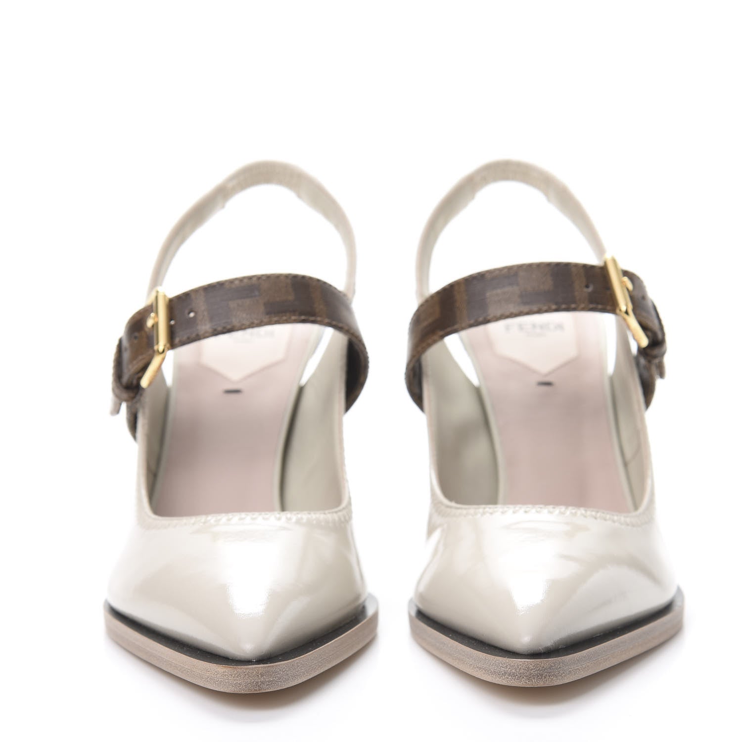 Fendi Glossy Neoprene Glazed Fabric FF FFrame Court Mary Jane Slingback Pumps 37 Pietra Tobacco Moro 2 of 9