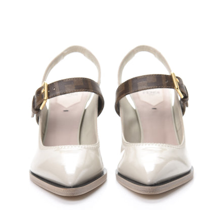 Fendi Glossy Neoprene Glazed Fabric FF FFrame Court Mary Jane Slingback Pumps 37 Pietra Tobacco Moro 2 of 9